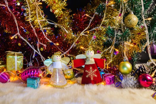 Close up Christmas ornaments and decorations with lights