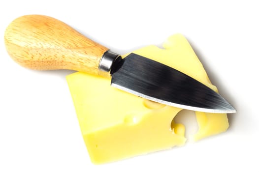 Cheese with a cheese knife isolated on white. piece of cheese with holes