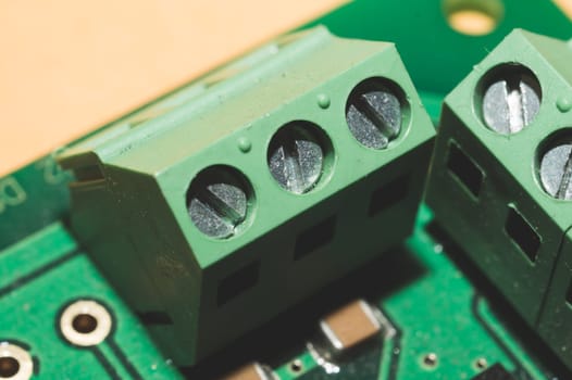 Connectors on motherboard. power pins on the circuit board of computer close up