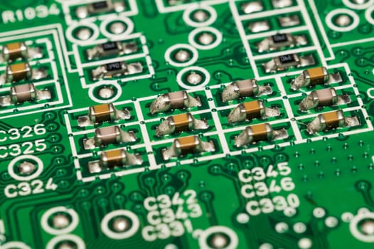 Electronic circuit board abstract background. computer motherboard close up. modern technologies. micro elements of computer with connections and traces. Intelligent technology