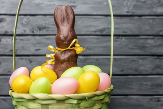 Delicious Easter holiday chocolate bunny, eggs and sweets