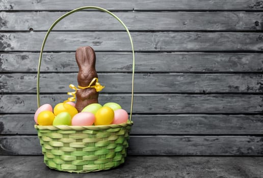 Delicious Easter holiday chocolate bunny, eggs and sweets