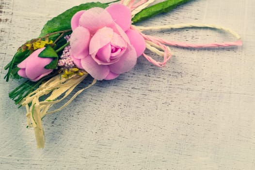 Wedding decoration background with copy space. white wooden texture with decorative flower