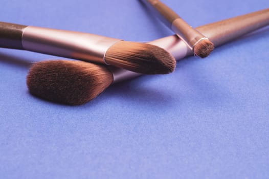 Makeup brushes on blue background. various cosmetic brushes close up. skin care accessories