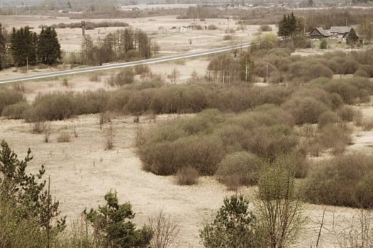 Nature panoramic landscape view from high. field with plants and trees nature background. view into the distance