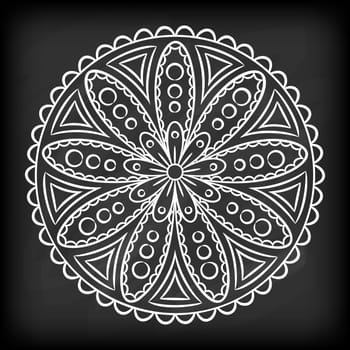 Doodle mandala flower on chalkboard. Outline floral design element. Coloring book pattern. Decorative round flower. Anti-stress therapy pattern on white background. Meditation poster. Vector illustration.
