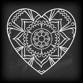 Doodle heart mandala on chalkboard. Outline flower in a heart shape. Coloring book pattern. Decorative round flower. Wedding invitation, baby shower design lelement. Vector illustration.