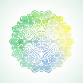 Doodle and watercolor flower. Hand painted graphic element. Boho and ethnic style mandala. Decorative art for birthday cards, wedding and baby shower invitations, scrapbooking. Vector illustration.