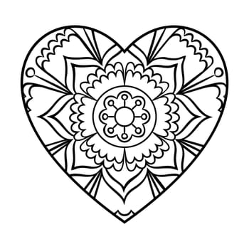 Doodle heart mandala coloring page. Outline floral design element in a heart shape. Coloring book pattern. Decorative round flower.Love, acceptance, positive energy concept. Vector illustration.