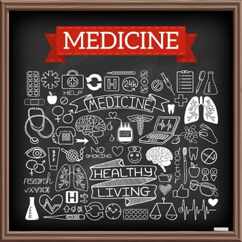 Medical doodles on chalk board. Hand drawn healthcare set of icons with medicine and science tools, human organs, diagrams, banners with quotes etc. Black chalkboard effect. Vector illustration.