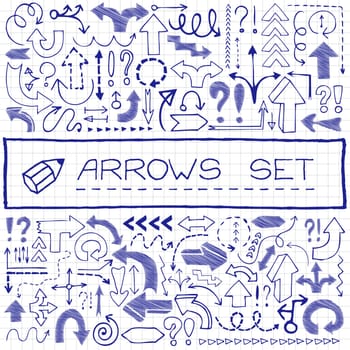 Hand drawn arrow icons with question and exclamation marks, blue pen effect. Vector illustration.