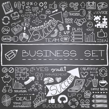Hand drawn business icons set with arrows, diagrams, puzzle pieces, thumbs up and more. Chalkboard effect. Vector Illustration.