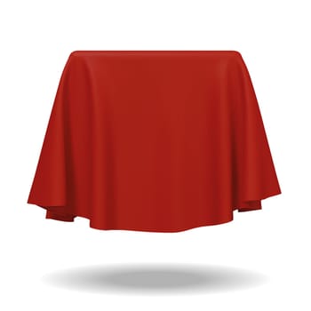 Red fabric covering a cube or rectangular shape, isolated on white background. Can be used as a stand for product display, draped table. Vector illustraion