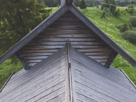 Roof of an old wooden house. view from above. traditional architecture