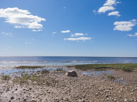 Shore of the sea. seascape with horizon line. sky with clouds. silt coast. water surface