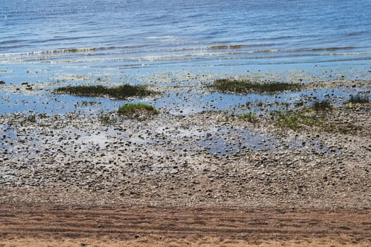 Shore of the sea. seascape with horizon line. sky with clouds. silt coast with pebbles. water surface