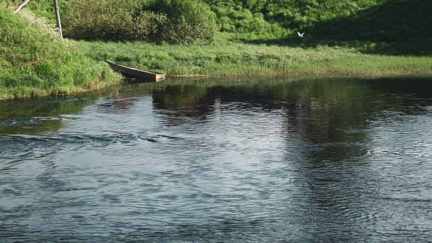 Old wooden boat near the riverside. overgrown shore. water surface