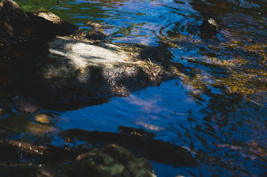 Abstract background of water surface with silty stones.woodland creek