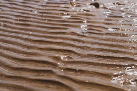 Wavy wet sand on the seashore close up. abstract background