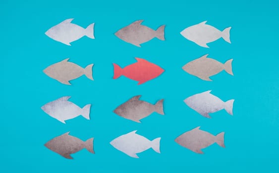 One red fish is swimming against the stream, opposite direction of the other fishes, being different