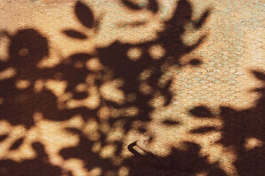 Shadow of branch on the old steel plate with rhombus shapes pattern. iron rusted surface with shabby paint