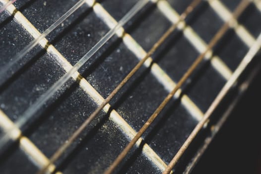 Acoustic guitar neck close up. guitar strings macro. musical instrument