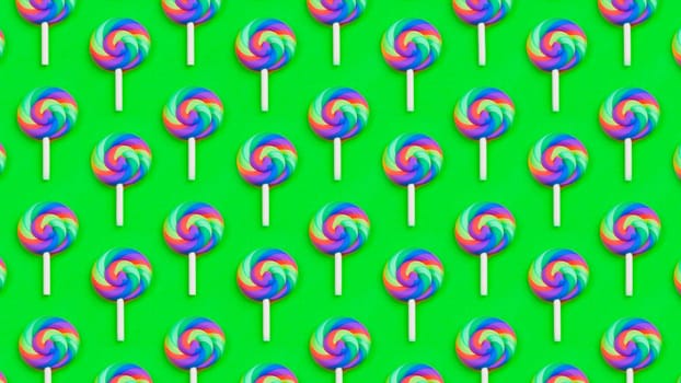 Candy pattern. lollipops are in a row. lots of sweets on green background. festive decoration