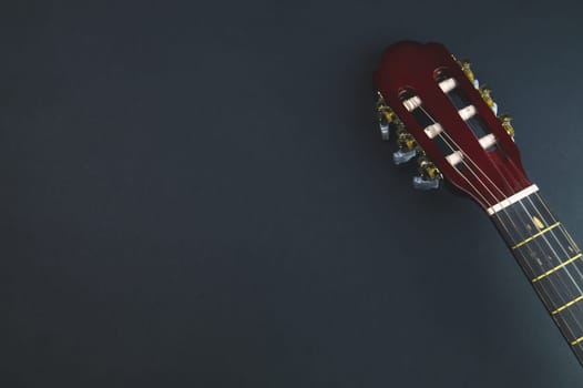Guitar headstock close up. acoustic musical instrument. copy space