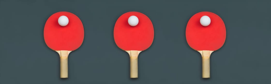 Red table tennis rackets with balls on a colored background. sport equipment for ping pong