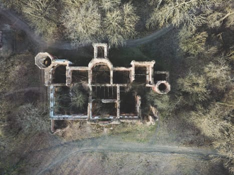 Ruins of the old manor house aerial photo. destroyed building top view. Torosovo, Leningrad region, Russia