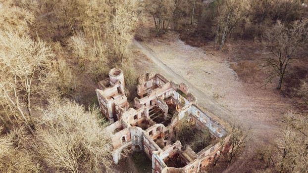 Ruins of the old manor house aerial photo. destroyed building top view. Torosovo, Leningrad region, Russia
