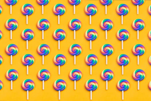 Lollipops are in a row. spiral candy pattern. lots of sweets on a yellow background. festive decoration with candies
