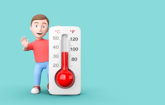Happy Young Kid 3D Cartoon Character with Thermometer on Blue Background with Copy Space 3D Illustration
