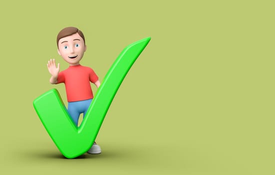 Happy Young Kid 3D Cartoon Character with Check Mark on Green Background with Copy Space 3D Illustration