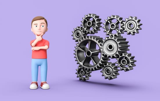 Thoughtful Young Kid 3D Cartoon Character and Metallic Gears Engaged on Purple Background 3D Illustration