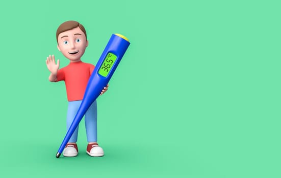 Happy Young Kid 3D Cartoon Character with Digital Thermometer on Blue Background with Copy Space 3D Illustration