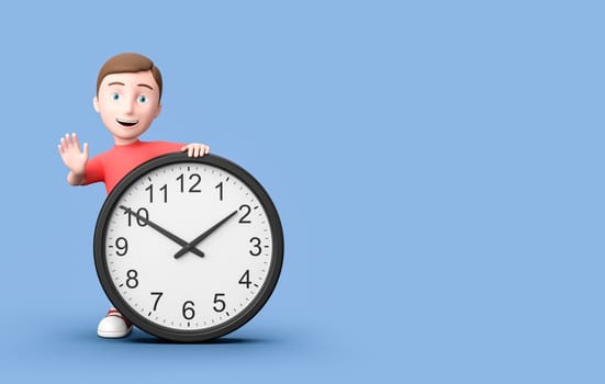 Happy Young Kid 3D Cartoon Character with Black Analog Clock on Blue Background with Copy Space 3D Illustration, Time Concept