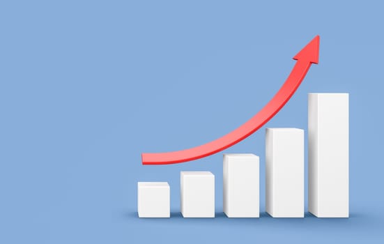 Growing White Bar Chart with Rising Red Arrow on Blue Background with Copy Space 3D Illustration