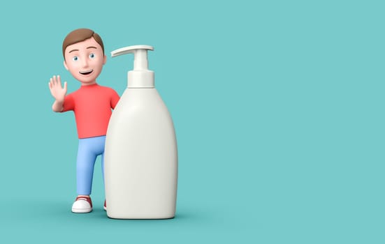 Happy Young Kid 3D Cartoon Character with Blank White Liquid Soap Dispenser on Blue Background with Copy Space 3D Illustration