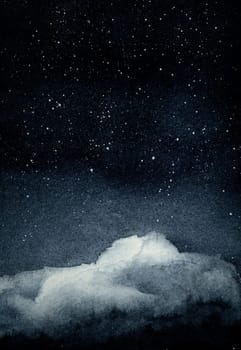 Starry night sky with cloud watercolor painting background. Hand drawn on paper with texture illustration.