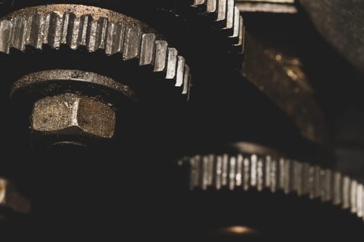 Gears of industrial machine. detail of mechanism. old cogwheels. mechanical parts of machinery