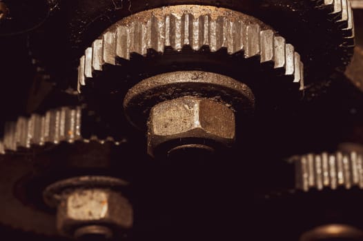 Gears of industrial machine. detail of mechanism. old cogwheels. mechanical parts of machinery
