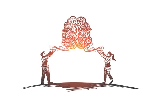 Brainstorming, idea, together, creative, teamwork concept. Hand drawn man and woman looking for new idea concept sketch. Isolated vector illustration.