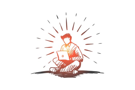 Idea, freelance, freedom, success, laptop concept. Hand drawn man working with laptop concept sketch. Isolated vector illustration.
