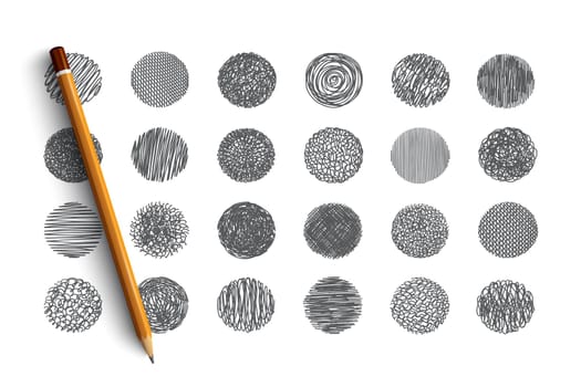 Hand drawn scribble set pattern background with blue lettering in vector