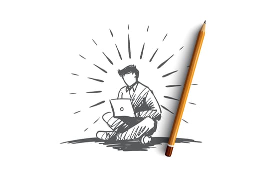 Idea, freelance, freedom, success, laptop concept. Hand drawn man working with laptop concept sketch. Isolated vector illustration.