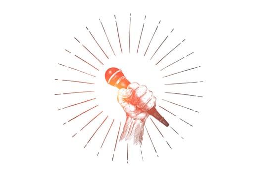 Propaganda, politics, debate, meeting concept. Hand drawn human hand with microphone concept sketch. Isolated vector illustration.