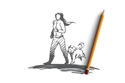 Morning jogging, walking, exercise, woman, activity concept. Hand drawn girl running with her dog concept sketch. Isolated vector illustration.