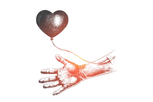 Donor, donation, blood, hope, aid concept. Hand drawn human hand with flying heart from vein concept sketch. Isolated vector illustration.