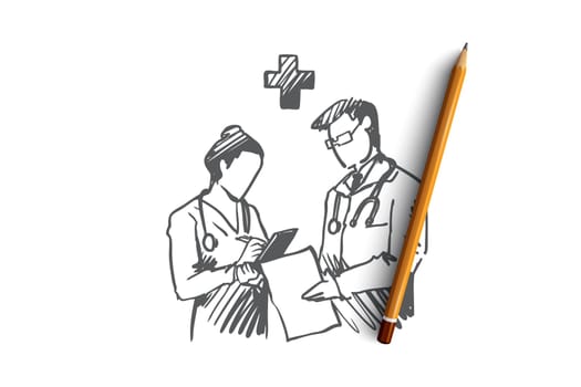 Medicine, doctors, diagnosis, hospital, health concept. Hand drawn doctors in clinic discussing medical issues concept sketch. Isolated vector illustration.